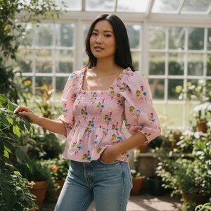 GANNI Floral Blouse Sz US 4 EU 36 Pink Smocked Square Neck Coquette Cottagecore